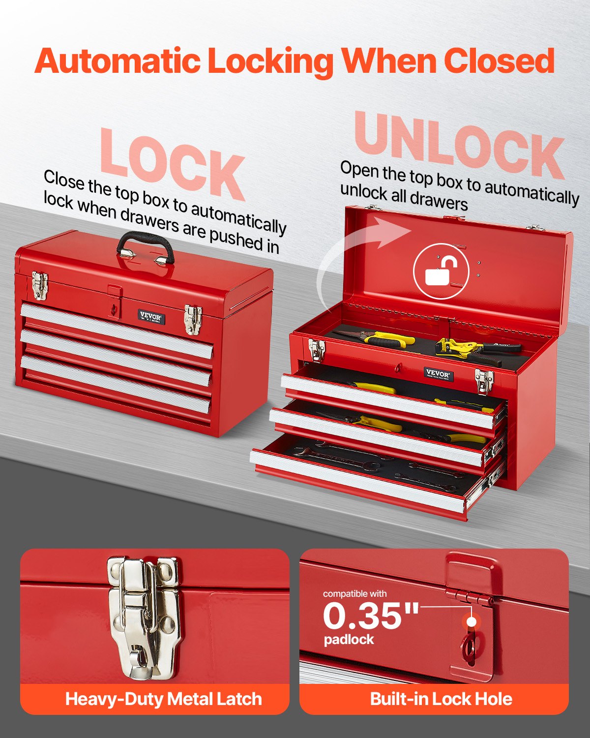 Metal Tool Box, 20.5-inch, Portable Metal Tool Box with 3 Drawers, Small Tool Chest with EVA Liners, Ball Bearing Slide Drawers Locking & Powder Coated Finish, Multi-Function Tool Organizer, Red