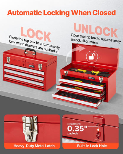 Metal Tool Box, 20.5-inch, Portable Metal Tool Box with 3 Drawers, Small Tool Chest with EVA Liners, Ball Bearing Slide Drawers Locking & Powder Coated Finish, Multi-Function Tool Organizer, Red