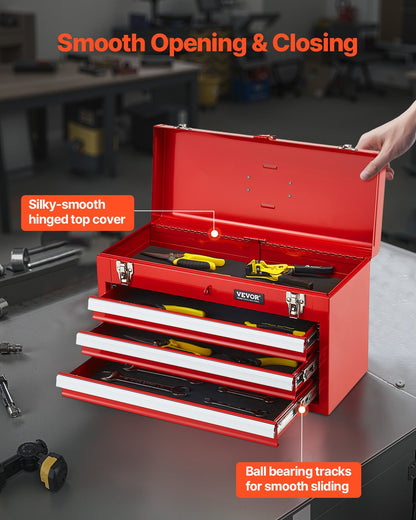Metal Tool Box, 20.5-inch, Portable Metal Tool Box with 3 Drawers, Small Tool Chest with EVA Liners, Ball Bearing Slide Drawers Locking & Powder Coated Finish, Multi-Function Tool Organizer, Red