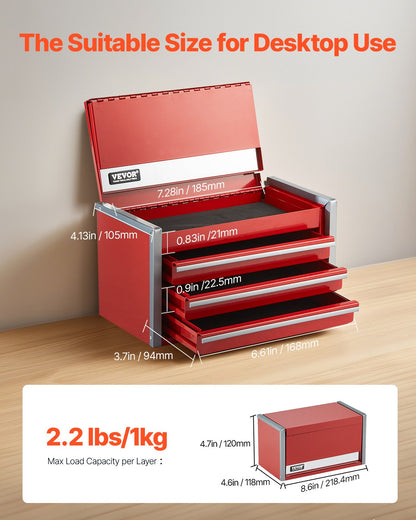 Metal Tool Box, 8.6-inch, Portable Metal Tool Box with 3 Drawers, Small Tool Chest with EVA Liners and PP Feet Pads, Heavy-Duty Steel With Ball Bearing Opening and Powder Coated Finish, Red