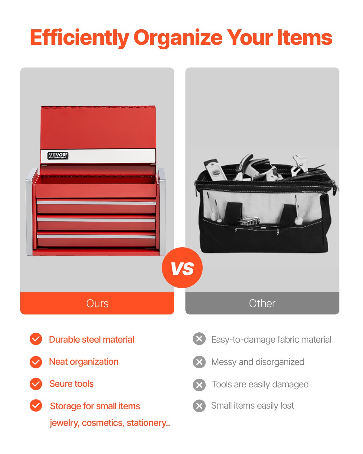 Metal Tool Box, 8.6-inch, Portable Metal Tool Box with 3 Drawers, Small Tool Chest with EVA Liners and PP Feet Pads, Heavy-Duty Steel With Ball Bearing Opening and Powder Coated Finish, Red