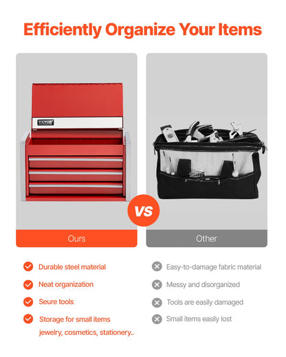 Metal Tool Box, 8.6-inch, Portable Metal Tool Box with 3 Drawers, Small Tool Chest with EVA Liners and PP Feet Pads, Heavy-Duty Steel With Ball Bearing Opening and Powder Coated Finish, Red