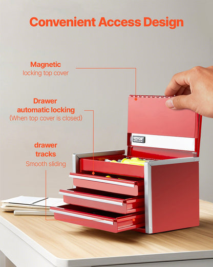 Metal Tool Box, 8.6-inch, Portable Metal Tool Box with 3 Drawers, Small Tool Chest with EVA Liners and PP Feet Pads, Heavy-Duty Steel With Ball Bearing Opening and Powder Coated Finish, Red