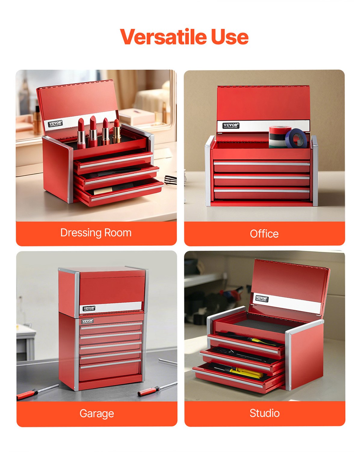 Metal Tool Box, 8.6-inch, Portable Metal Tool Box with 3 Drawers, Small Tool Chest with EVA Liners and PP Feet Pads, Heavy-Duty Steel With Ball Bearing Opening and Powder Coated Finish, Red