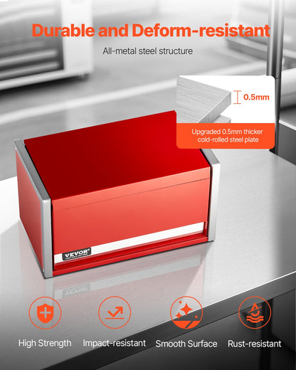 Metal Tool Box, 8.6-inch, Portable Metal Tool Box with 3 Drawers, Small Tool Chest with EVA Liners and PP Feet Pads, Heavy-Duty Steel With Ball Bearing Opening and Powder Coated Finish, Red