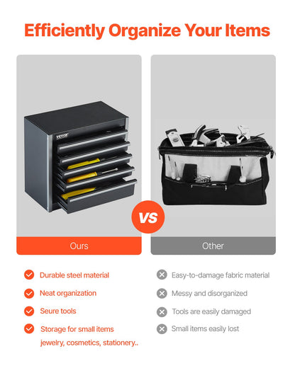 Metal Tool Box, 8.6-inch, Portable Metal Tool Box with 5 Drawers, Small Tool Chest with EVA Liners and PP Feet Pads, Heavy-Duty Steel With Ball Bearing Opening and Powder Coated Finish, Black