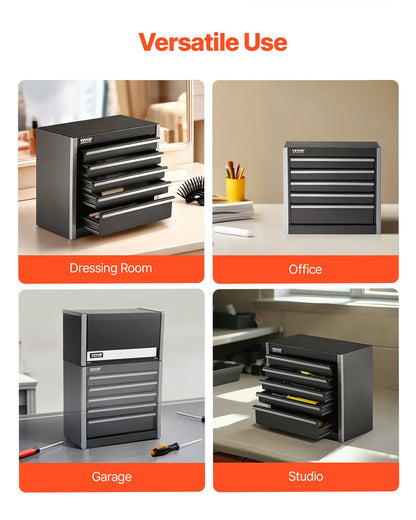 Metal Tool Box, 8.6-inch, Portable Metal Tool Box with 5 Drawers, Small Tool Chest with EVA Liners and PP Feet Pads, Heavy-Duty Steel With Ball Bearing Opening and Powder Coated Finish, Black