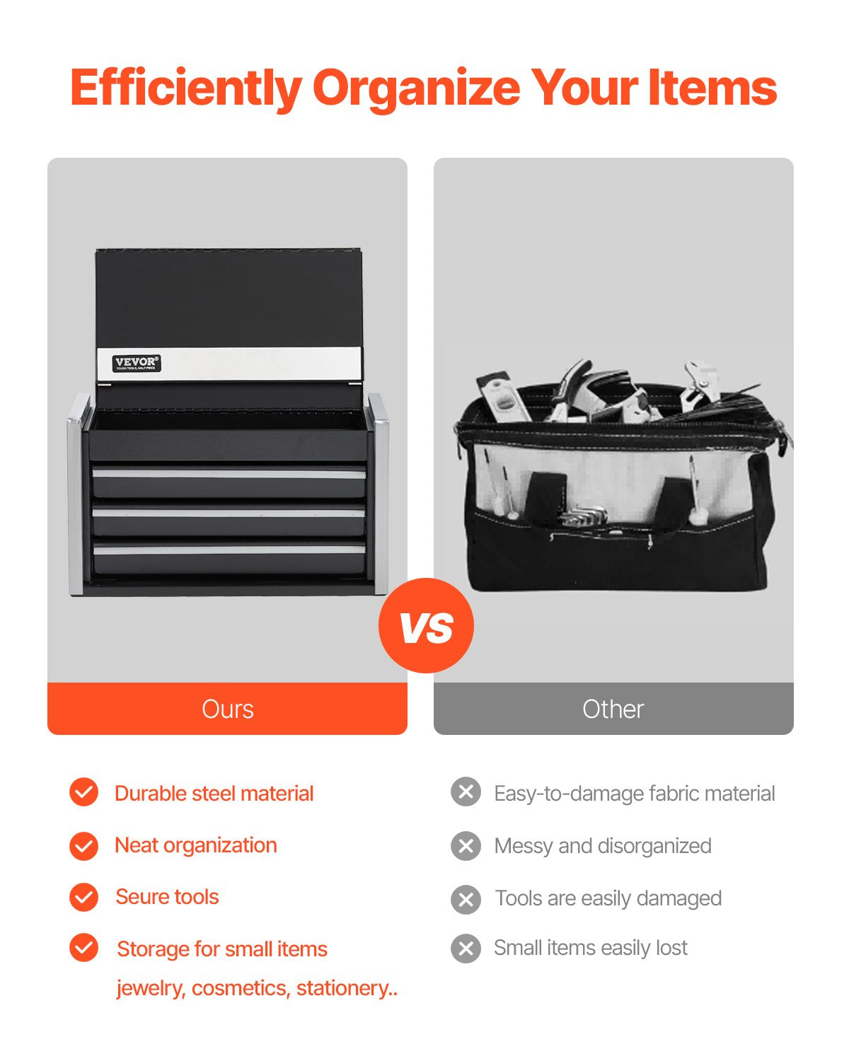 Metal Tool Box, 8.6-inch, Portable Metal Tool Box with 3 Drawers, Small Tool Chest with EVA Liners and PP Feet Pads, Heavy-Duty Steel With Ball Bearing Opening and Powder Coated Finish, Black