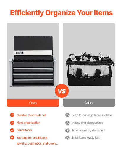 Metal Tool Box, 8.6-inch, Portable Metal Tool Box with 3 Drawers, Small Tool Chest with EVA Liners and PP Feet Pads, Heavy-Duty Steel With Ball Bearing Opening and Powder Coated Finish, Black