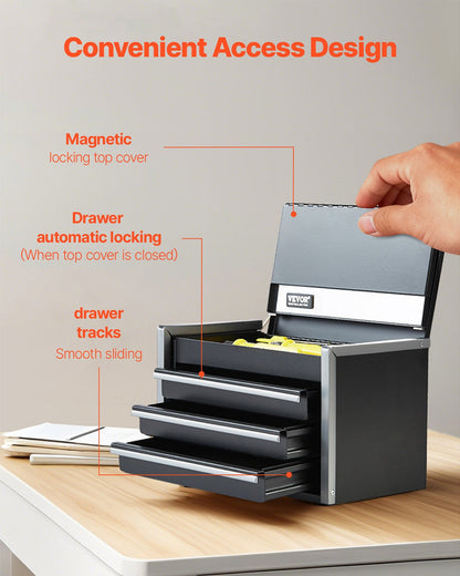 Metal Tool Box, 8.6-inch, Portable Metal Tool Box with 3 Drawers, Small Tool Chest with EVA Liners and PP Feet Pads, Heavy-Duty Steel With Ball Bearing Opening and Powder Coated Finish, Black