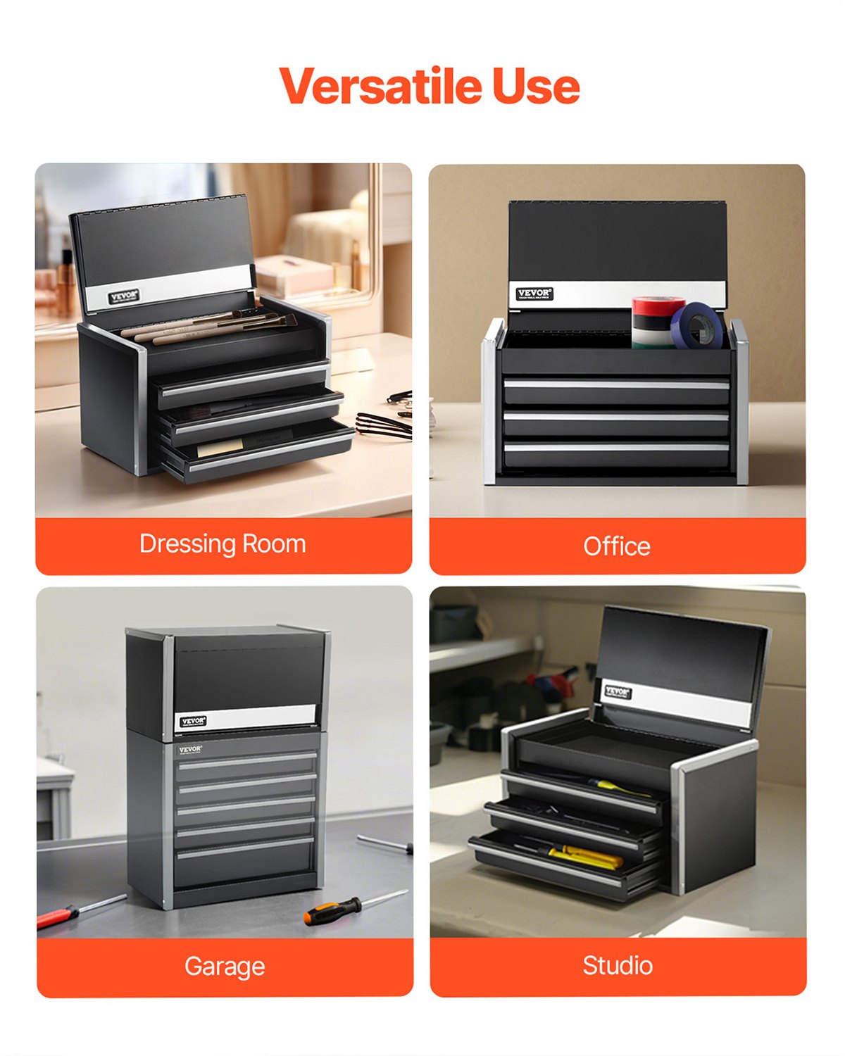 Metal Tool Box, 8.6-inch, Portable Metal Tool Box with 3 Drawers, Small Tool Chest with EVA Liners and PP Feet Pads, Heavy-Duty Steel With Ball Bearing Opening and Powder Coated Finish, Black