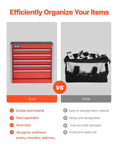 Verktygslåda i metall, 8,6 tum, bärbar verktygslåda i metall med 5 lådor, liten verktygslåda med EVA-foder och PP-fötter, kraftigt stål med kullageröppning och pulverlackerad finish, röd