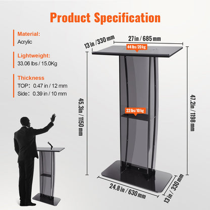 Acrylic Podium, 119 cm Tall, Acrylic Podium Stand with Wide Reading Surface & Storage Shelf, Floor-standing Clear Pulpits Acrylic for Church Office School, Black