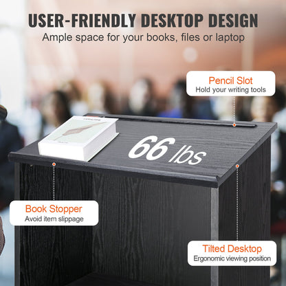 Podium Stand, 119 cm Hostess Stand with 4 Rolling Wheels, Wood Podium with Storage Shelves, and Slant Desktop, Lecterns & Podiums for Church, Office, School, Home, Black