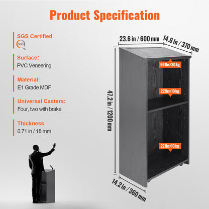 Podium Stand, 119 cm Hostess Stand with 4 Rolling Wheels, Wood Podium with Storage Shelves, and Slant Desktop, Lecterns & Podiums for Church, Office, School, Home, Black