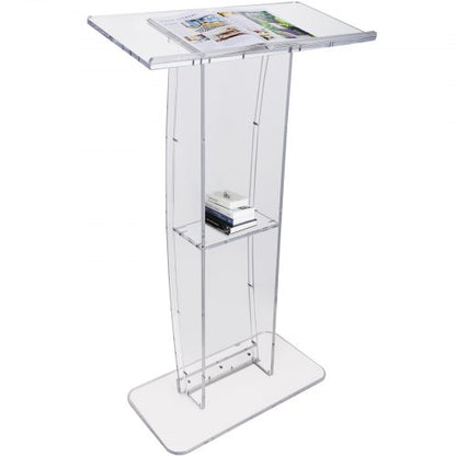 Acrylic Podium, 119 cm Tall, Clear Acrylic Podium Stand with Wide Reading Surface & Storage Shelf, Floor-standing Clear Pulpits Acrylic for Church Office School