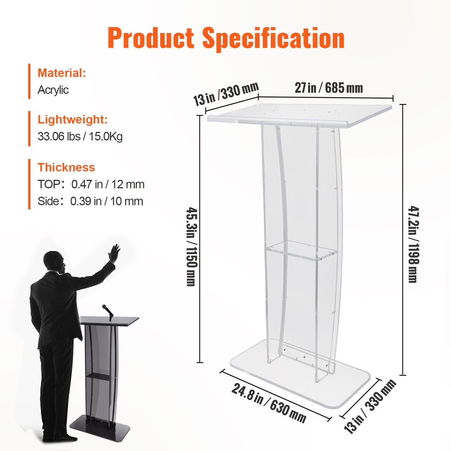Acrylic Podium, 119 cm Tall, Clear Acrylic Podium Stand with Wide Reading Surface & Storage Shelf, Floor-standing Clear Pulpits Acrylic for Church Office School