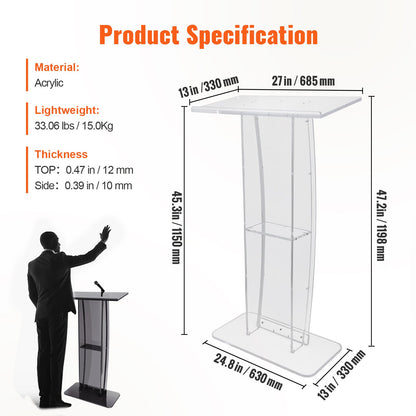 Acrylic Podium, 119 cm Tall, Clear Acrylic Podium Stand with Wide Reading Surface & Storage Shelf, Floor-standing Clear Pulpits Acrylic for Church Office School