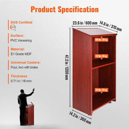 Podiumställ, 47 tum värdinnaställ med 4 hjul, träpodium med förvaringshyllor och snedställt skrivbord, kateder och podier för kyrka, kontor, skola, hem, brun