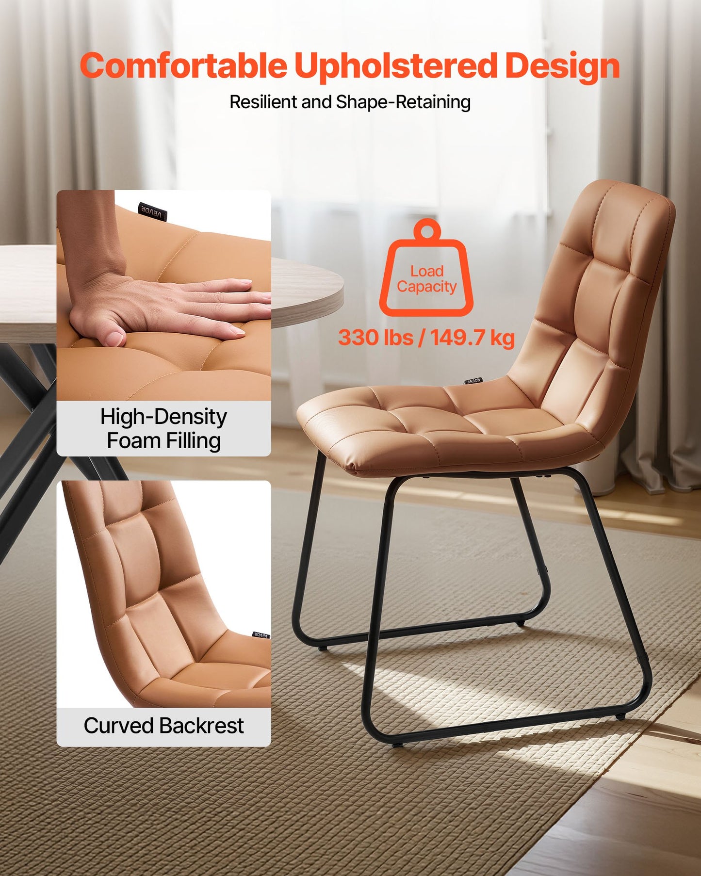 5-delat matbordsset, platsbesparande runt köksbord med 4 stoppade orange stolar, PU-läderdynor, modernt skrivbord i träton med justerbara fotstöd för matsal, små utrymmen