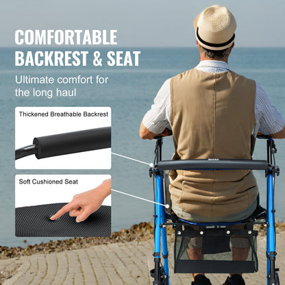 Rollator Walker for Seniors and Adult, Lightweight Aluminum Foldable Rolling Walker with Adjustable Seat and Handle, Outdoor Mobility Rollator Walker with 8" All Terrain Wheels, 300LBS Capacity