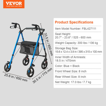 Rollator Walker for Seniors and Adult, Lightweight Aluminum Foldable Rolling Walker with Adjustable Seat and Handle, Outdoor Mobility Rollator Walker with 8" All Terrain Wheels, 300LBS Capacity