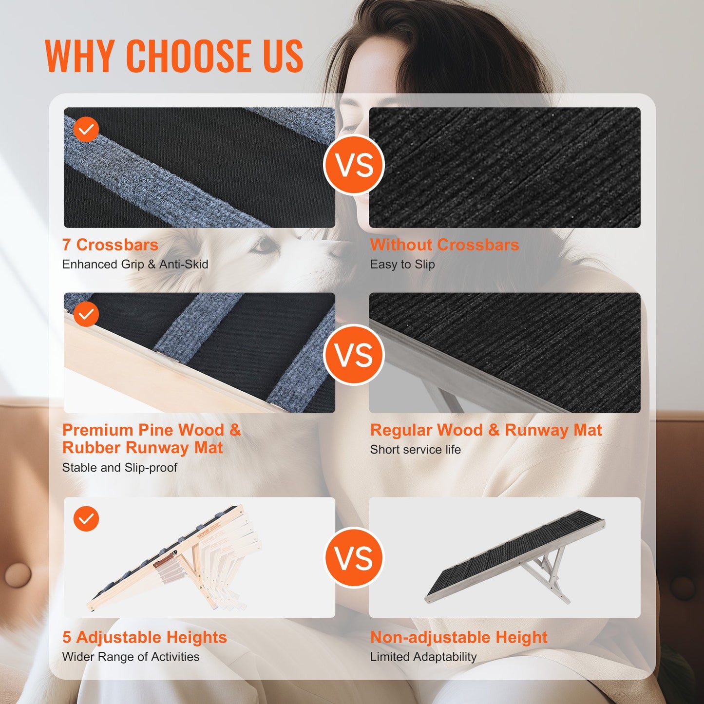 Dog Ramp, Folding Pet Ramp for Bed, Adjustable Dog Ramp for Small, Large, Old Dogs & Cats, Wooden Pet Ramp with 100 cm Long Ramp, Adjustable from 38 cm to 56 cm, Suitable for Couch, Sofa, Car