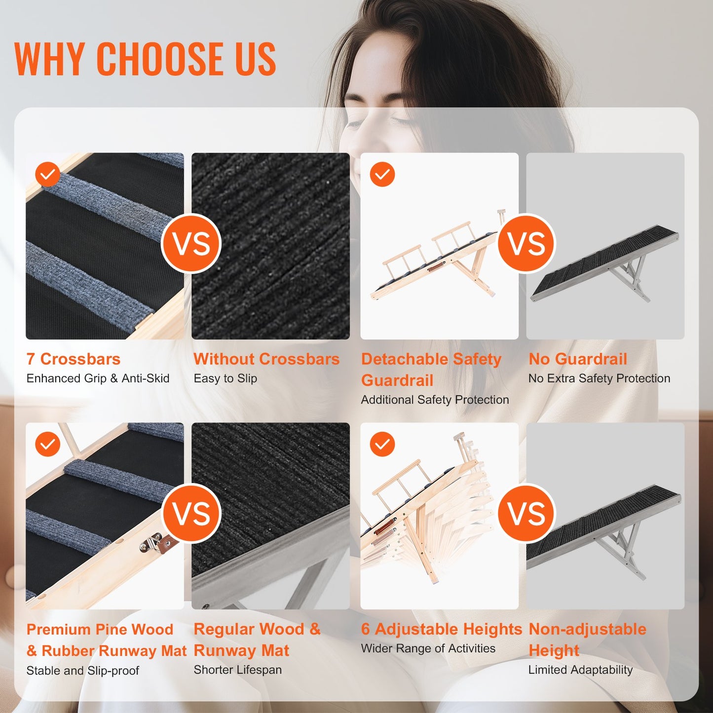 Hundramp, Hopfällbar husdjursramp för säng, Justerbar hundramp för små, stora, gamla hundar och katter, Husdjursramp i trä med 120 cm lång ramp, Justerbar från 35 cm till 70 cm, Lämplig för soffa, bil