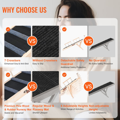 Hundramp, Hopfällbar husdjursramp för säng, Justerbar hundramp för små, stora, gamla hundar och katter, Husdjursramp i trä med 120 cm lång ramp, Justerbar från 35 cm till 70 cm, Lämplig för soffa, bil