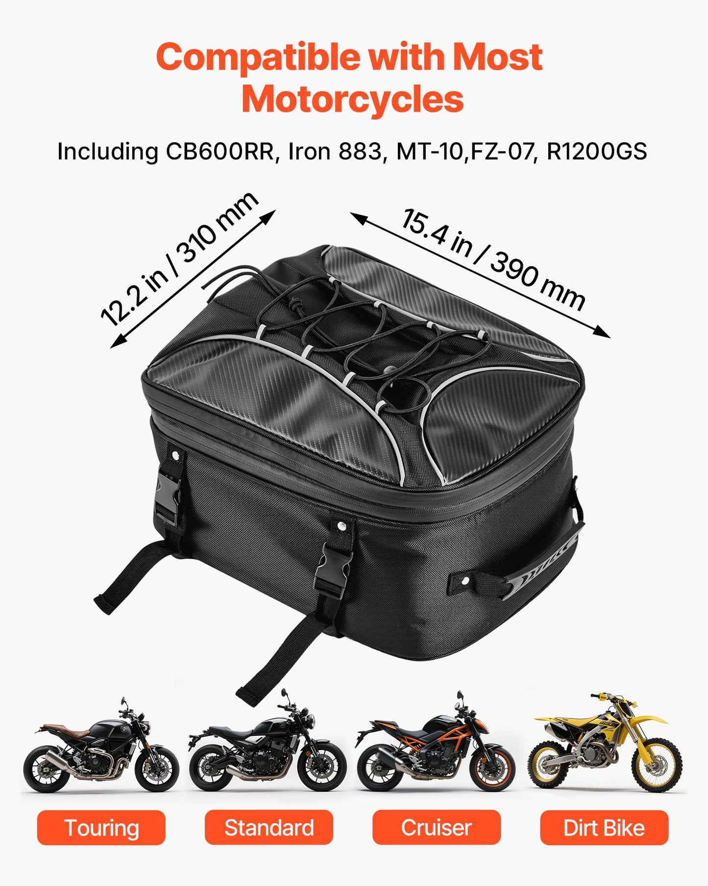Motorcycle Tail Bag, 22-34 L Expandable Motorcycle Rear Seat Bag with Waterproof Rain Cover, Outdoor Sports Motorbike Luggage Storage Backpack Handbag with Straps, Pocket & Elastic Cord, Black