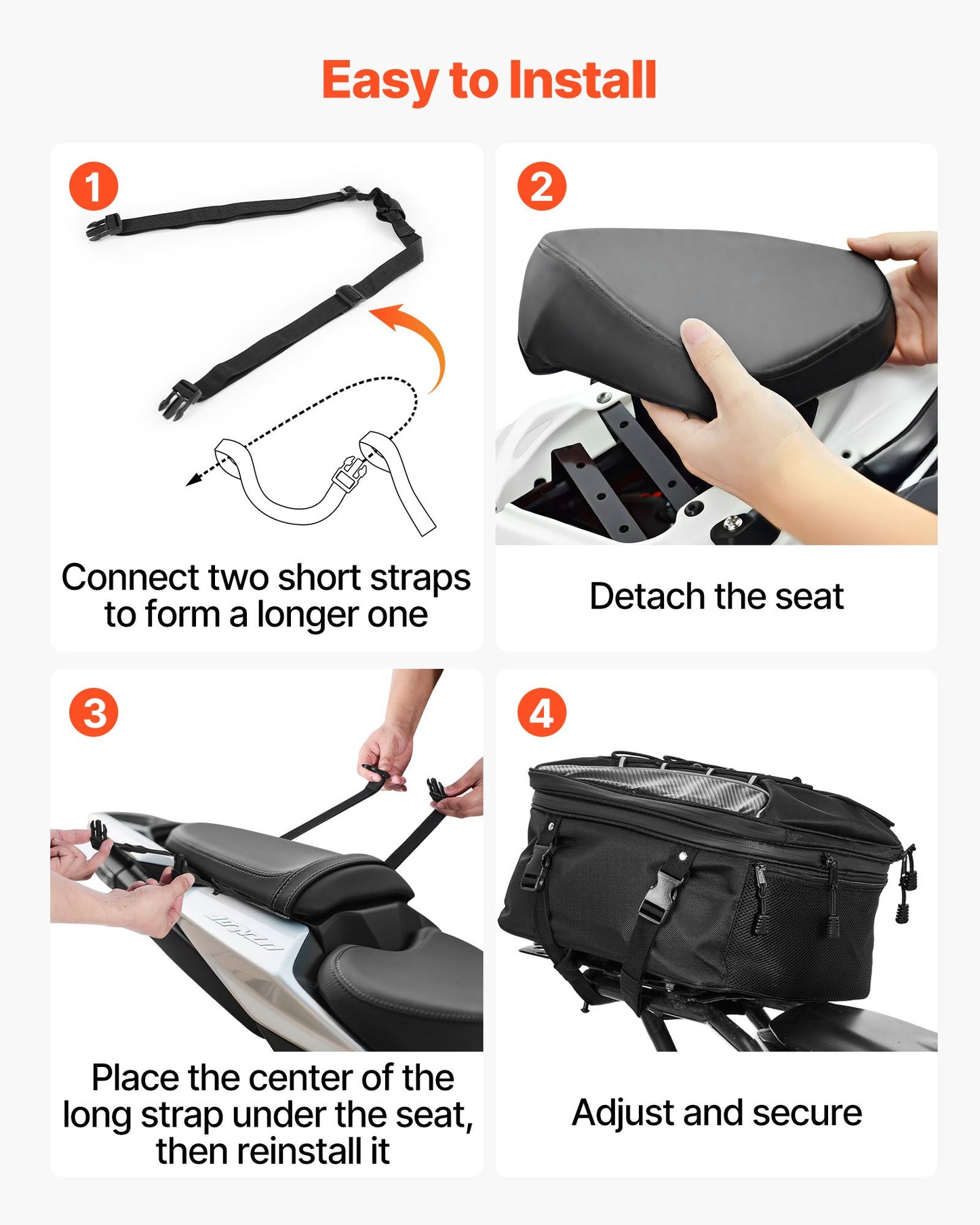 Motorcycle Tail Bag, 22-34 L Expandable Motorcycle Rear Seat Bag with Waterproof Rain Cover, Outdoor Sports Motorbike Luggage Storage Backpack Handbag with Straps, Pocket & Elastic Cord, Black