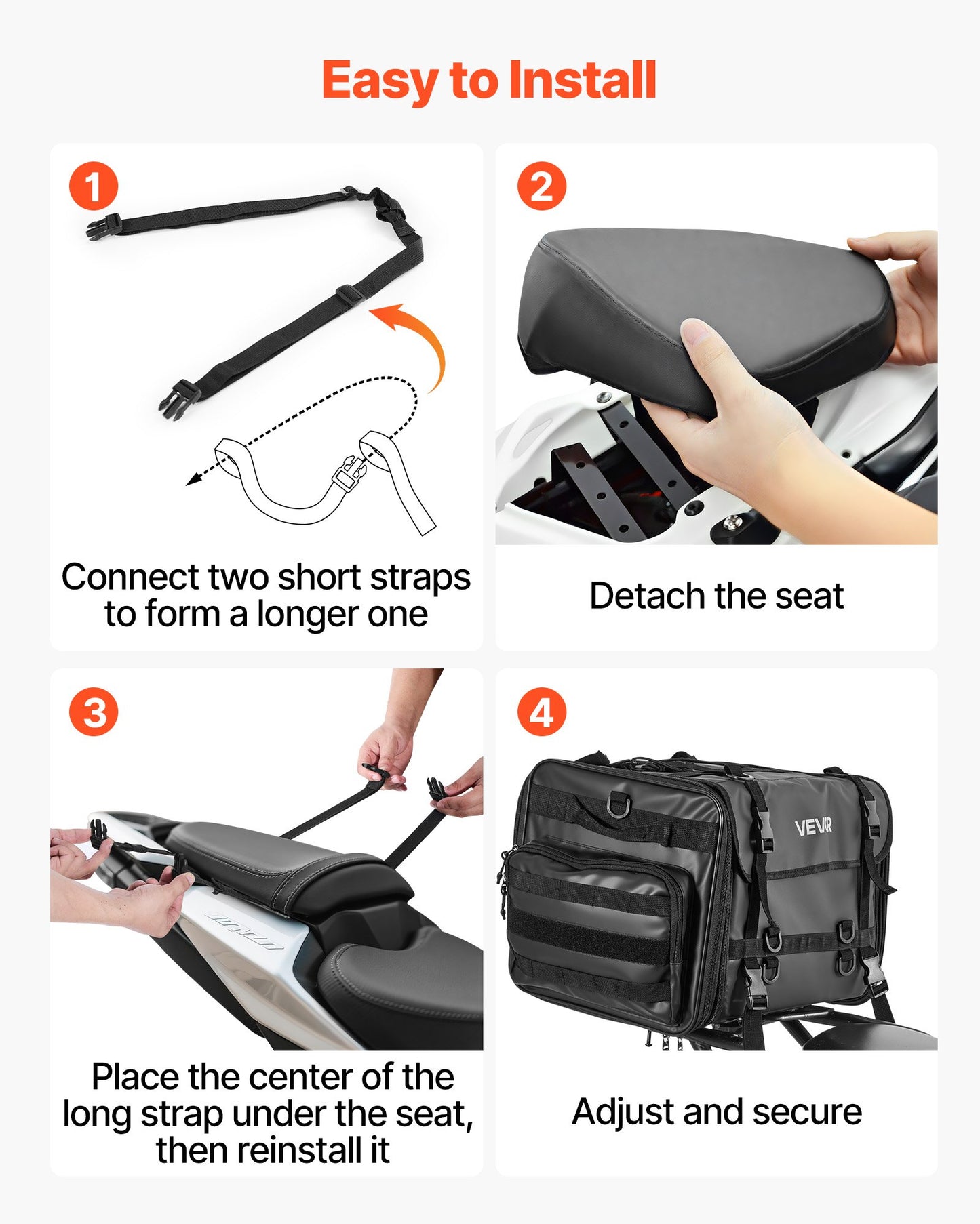 Motorcycle Tail Bag, 40-60 L Expandable Motorcycle Rear Seat Bag with Waterproof Rain Cover, Foldable Outdoor Sports Motorbike Luggage Storage with Shoulder Straps, Pocket & Elastic Cord, Black