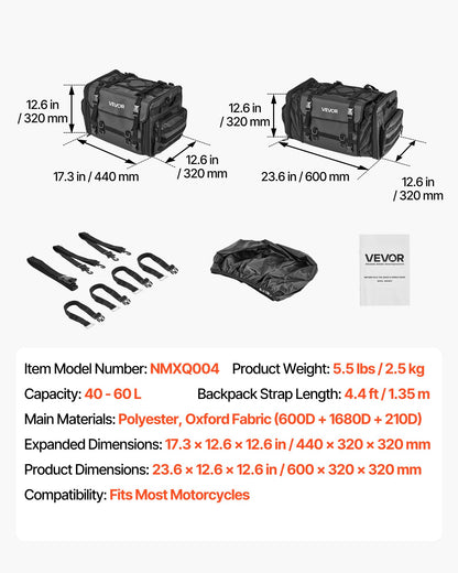 Motorcycle Tail Bag, 40-60 L Expandable Motorcycle Rear Seat Bag with Waterproof Rain Cover, Foldable Outdoor Sports Motorbike Luggage Storage with Shoulder Straps, Pocket & Elastic Cord, Black