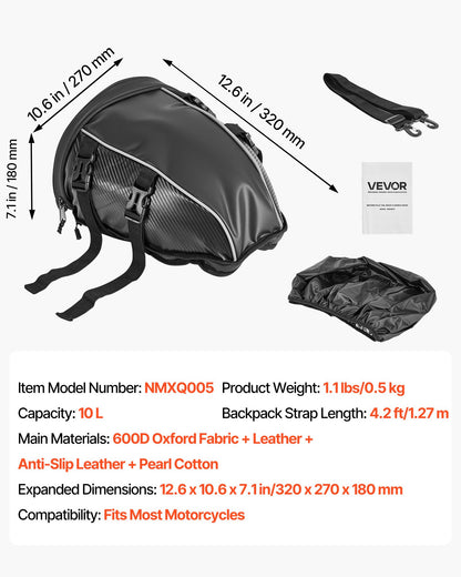 Motorcykel baksätesväska, 10 L motorcykel baksätesväska med vattentätt regnskydd, utomhussporter motorcykel bagageförvaring bagagehylla ryggsäck handväska med axelrem och innerficka, svart