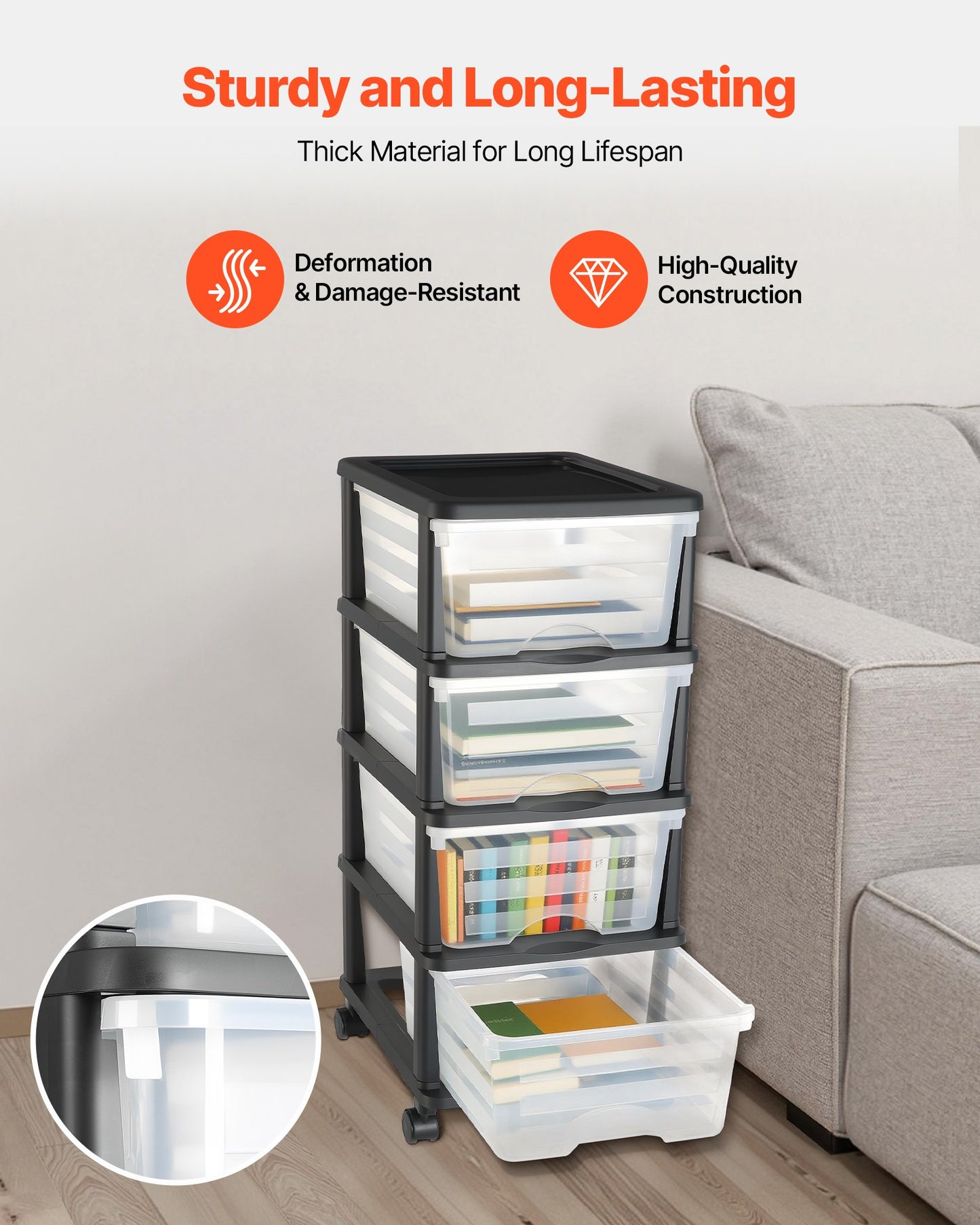 Plastvagn med förvaringslådor, förvaringsorganisatör med 4 lådor och hjul, rullande garderobsorganisation och förvaringsavdelare, genomskinliga lådor för byråer, kontorsmaterial, pysselrum, klassrum