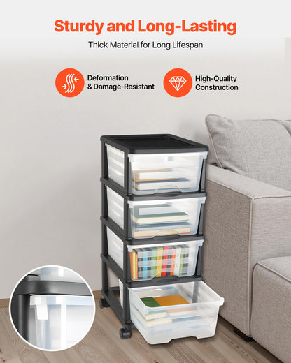 Plastvagn med förvaringslådor, förvaringsorganisatör med 4 lådor och hjul, rullande garderobsorganisation och förvaringsavdelare, genomskinliga lådor för byråer, kontorsmaterial, pysselrum, klassrum