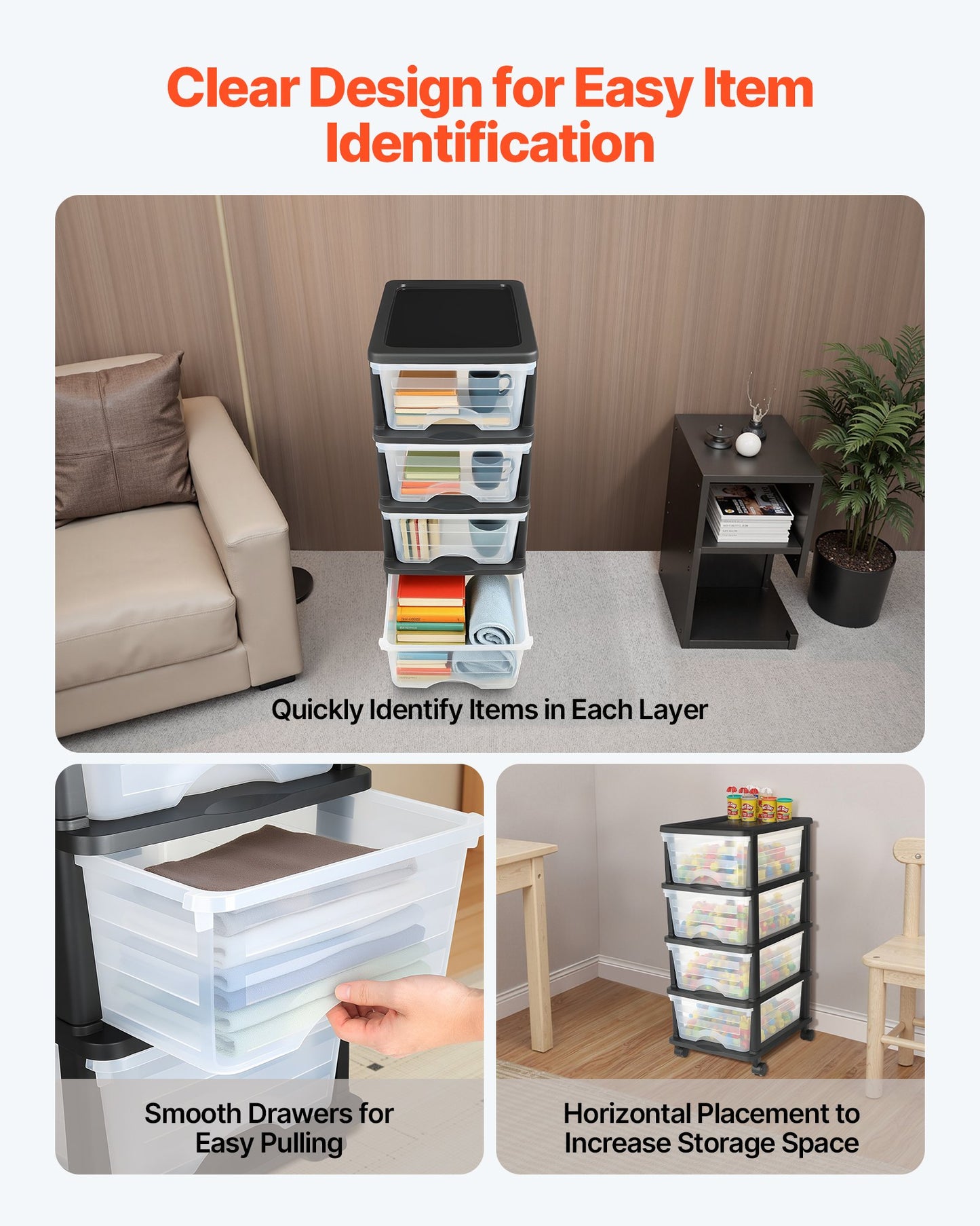 Plastvagn med förvaringslådor, förvaringsorganisatör med 4 lådor och hjul, rullande garderobsorganisation och förvaringsavdelare, genomskinliga lådor för byråer, kontorsmaterial, pysselrum, klassrum