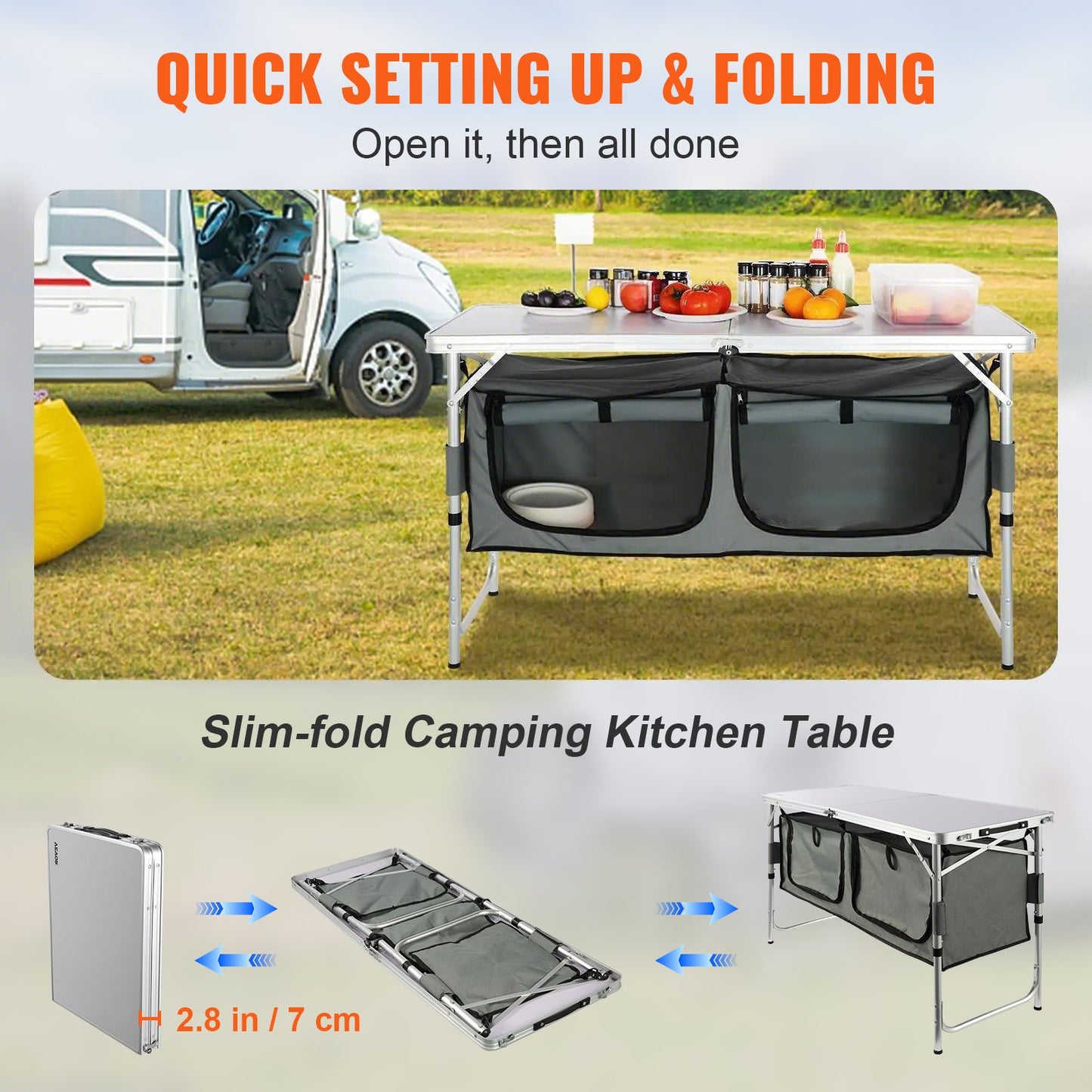Camping Kitchen Table Folding Portable Cook Station 3 Adjustable Heights
