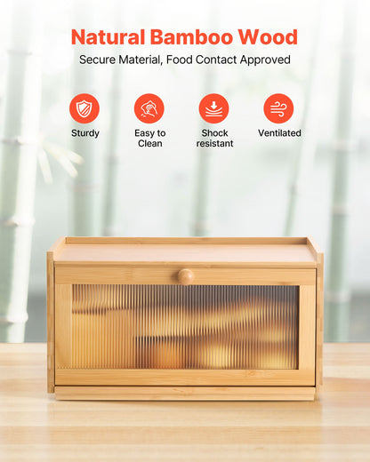 Bread Box for Kitchen Counter, Large Capacity Bamboo Bread Storage Container, Farmhouse Wooden Breadbox Organizer for Homemade Bread, Storage Holder Bin with Acrylic Wavy Door Panel, Natural