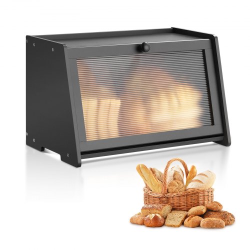 Brödlåda för köksbänk, stor förvaringsbehållare för bröd i bambu, brödlåda i trä i lantlig stil för hembakat bröd, förvaringshållare med vågig akryldörrpanel, svart