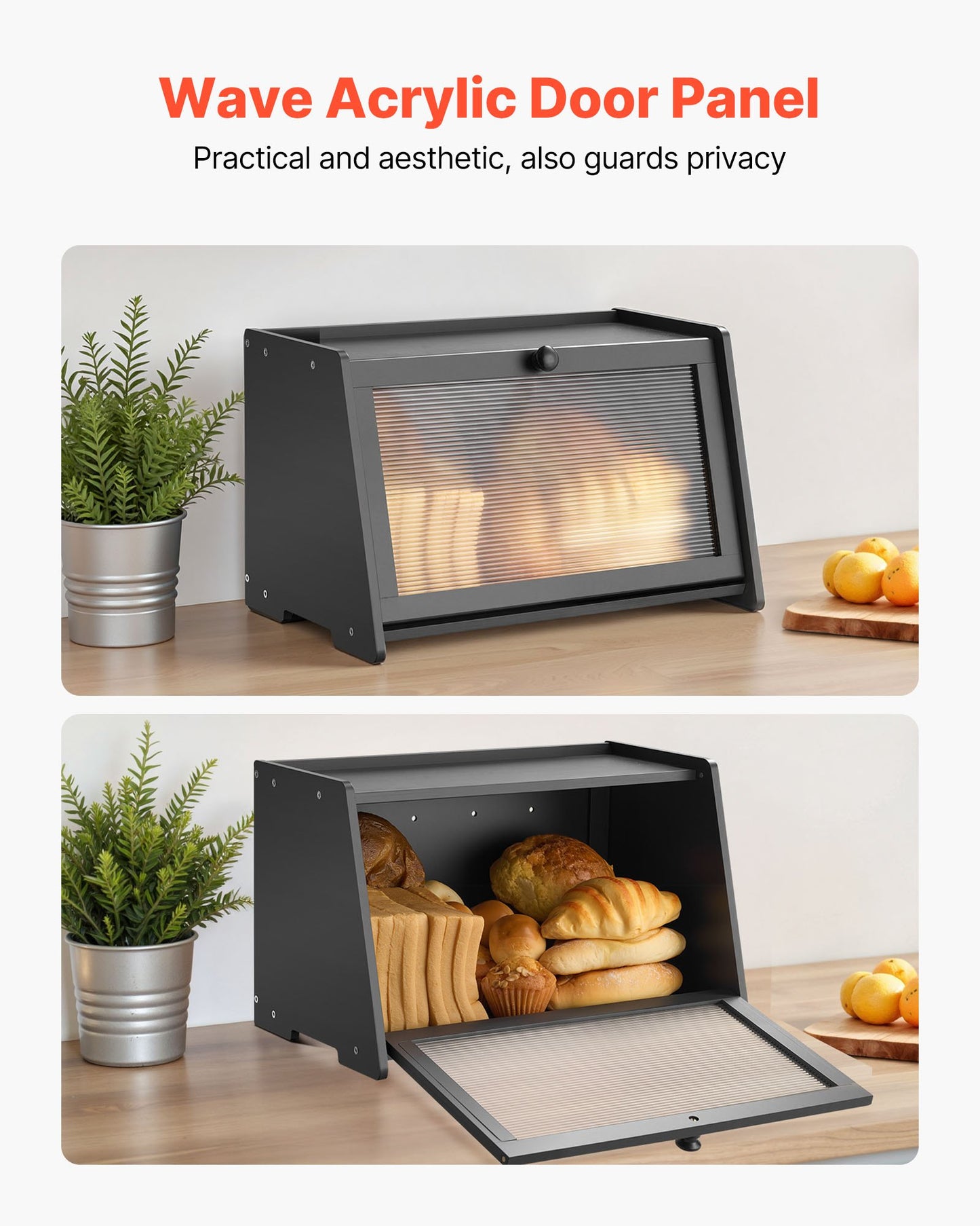 Brödlåda för köksbänk, stor förvaringsbehållare för bröd i bambu, brödlåda i trä i lantlig stil för hembakat bröd, förvaringshållare med vågig akryldörrpanel, svart