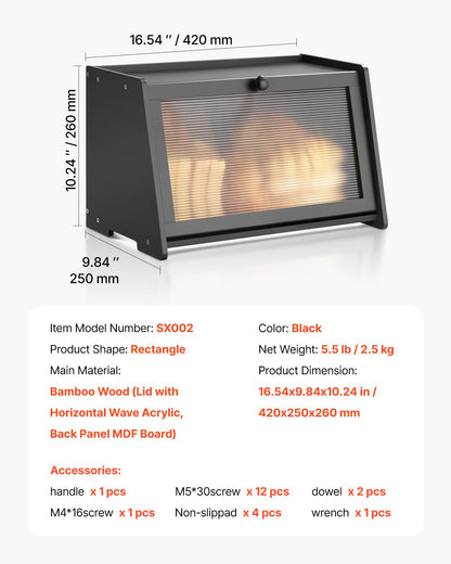 Brödlåda för köksbänk, stor förvaringsbehållare för bröd i bambu, brödlåda i trä i lantlig stil för hembakat bröd, förvaringshållare med vågig akryldörrpanel, svart