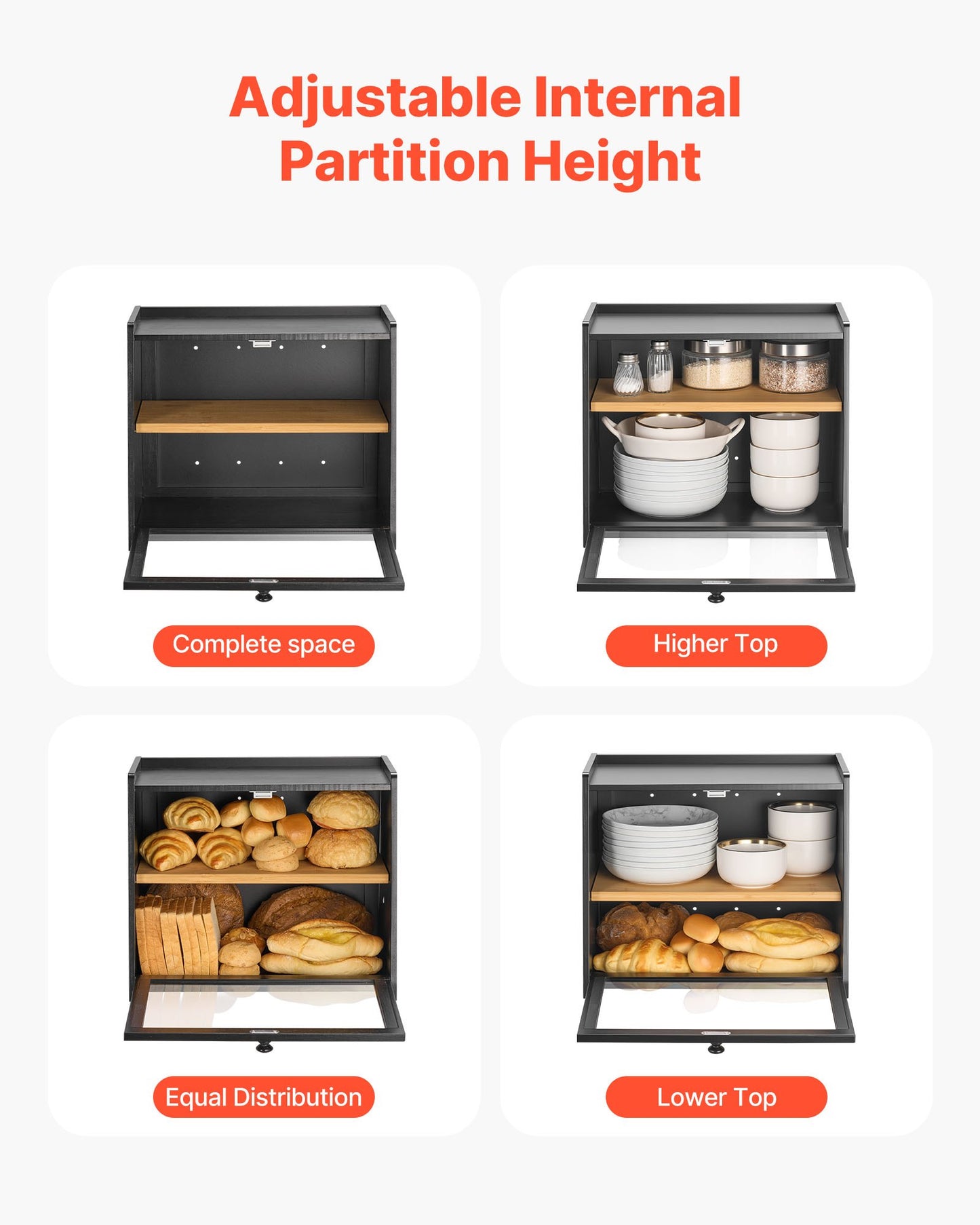 Double Layer Bread Box for Kitchen Counter, Large Capacity Bamboo Bread Storage Container, Farmhouse Wooden Breadbox for Homemade Bread, Storage Holder Bin with Acrylic Wavy Door Panel, Black