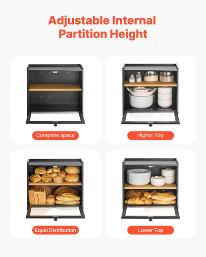 Double Layer Bread Box for Kitchen Counter, Large Capacity Bamboo Bread Storage Container, Farmhouse Wooden Breadbox for Homemade Bread, Storage Holder Bin with Acrylic Wavy Door Panel, Black
