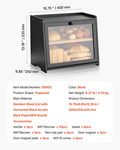 Double Layer Bread Box for Kitchen Counter, Large Capacity Bamboo Bread Storage Container, Farmhouse Wooden Breadbox for Homemade Bread, Storage Holder Bin with Acrylic Wavy Door Panel, Black