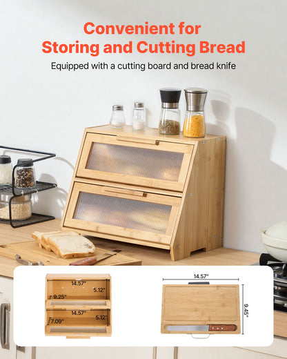 Double Layer Bread Box for Kitchen Counter, Large Capacity Bamboo Bread Storage Container, Farmhouse Wooden Breadbox for Homemade Bread, Storage Holder Bin with Acrylic Wavy Door Panel, Natural