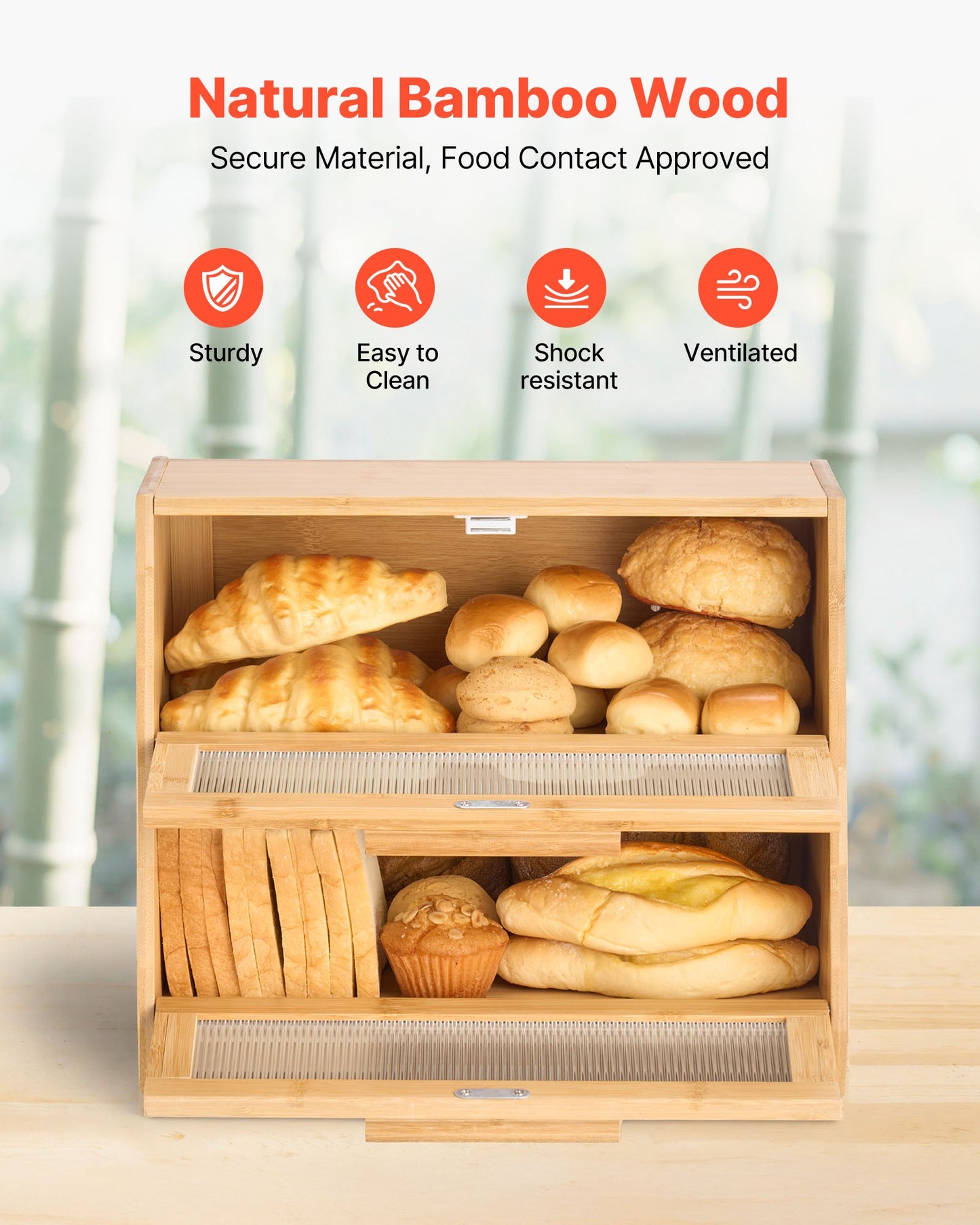Double Layer Bread Box for Kitchen Counter, Large Capacity Bamboo Bread Storage Container, Farmhouse Wooden Breadbox for Homemade Bread, Storage Holder Bin with Acrylic Wavy Door Panel, Natural