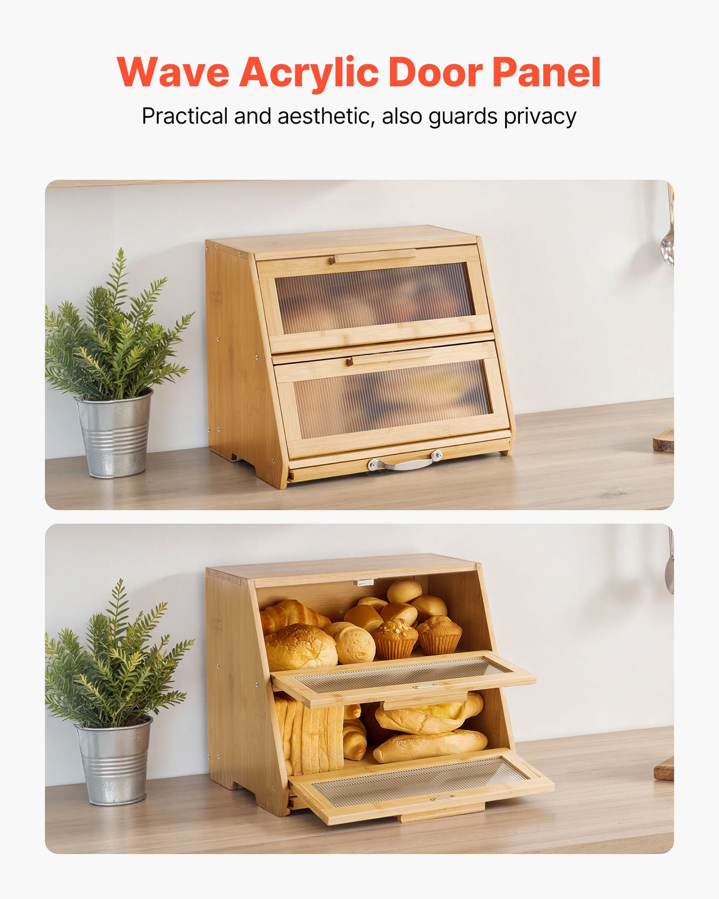 Double Layer Bread Box for Kitchen Counter, Large Capacity Bamboo Bread Storage Container, Farmhouse Wooden Breadbox for Homemade Bread, Storage Holder Bin with Acrylic Wavy Door Panel, Natural