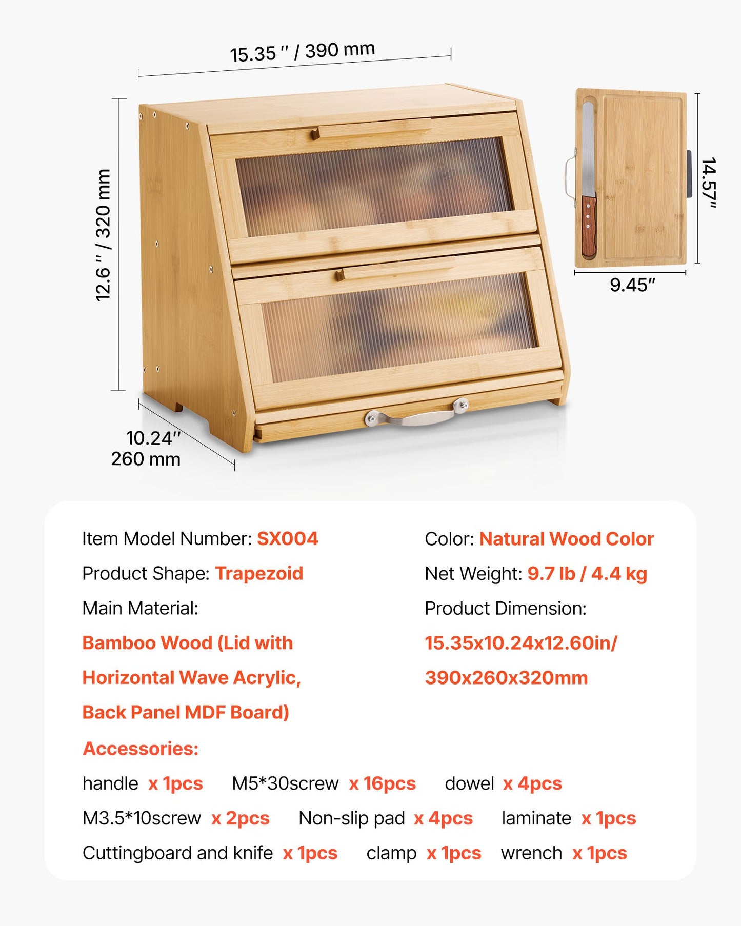 Double Layer Bread Box for Kitchen Counter, Large Capacity Bamboo Bread Storage Container, Farmhouse Wooden Breadbox for Homemade Bread, Storage Holder Bin with Acrylic Wavy Door Panel, Natural