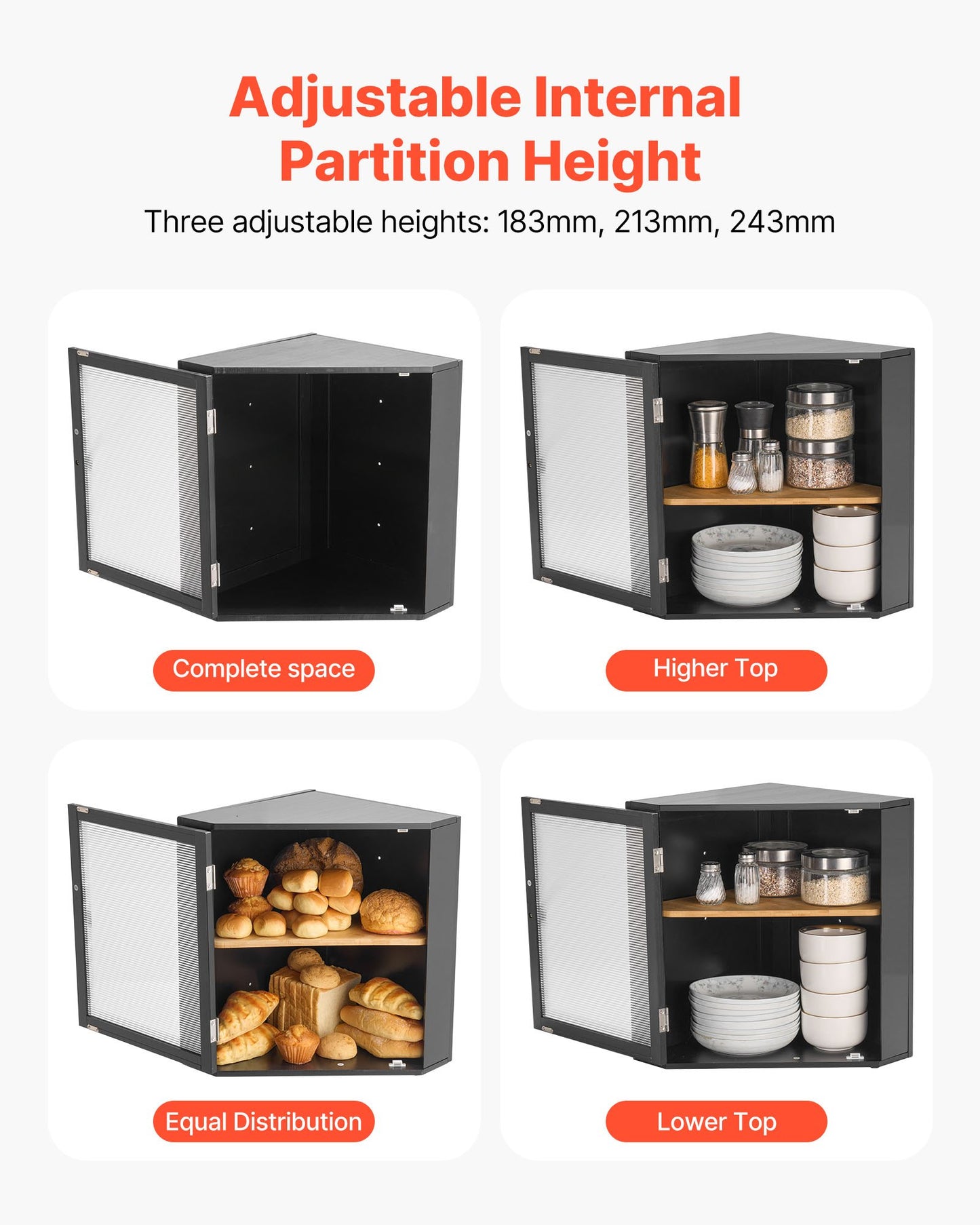 Hörnbrödlåda för köksbänk, dubbelskiktad stor kapacitet bambu brödförvaringsbehållare, lantlig träbrödlåda för hembakat bröd, förvaringshållare med akrylvågig dörr, svart